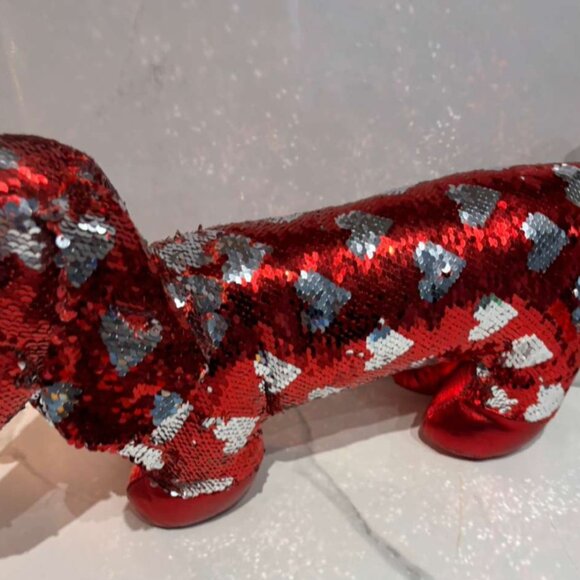 Dandee Sequin Dachshund Plush Stuffed Toys Red & Silver Heart Design Size 15"x17 - Picture 9 of 10